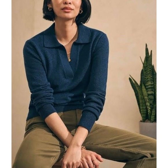 Faherty Sweaters - FAHERTY Jackson Sweater Polo Womens XL Navy Heather Long Sleeve Cozy Long Sleeve